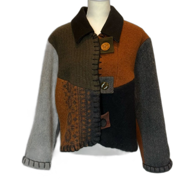Vintage BaaBaaZuzu Reclaimed Wool Jacket Mixed Media Upcycled M/L Patchwork - Picture 2 of 8